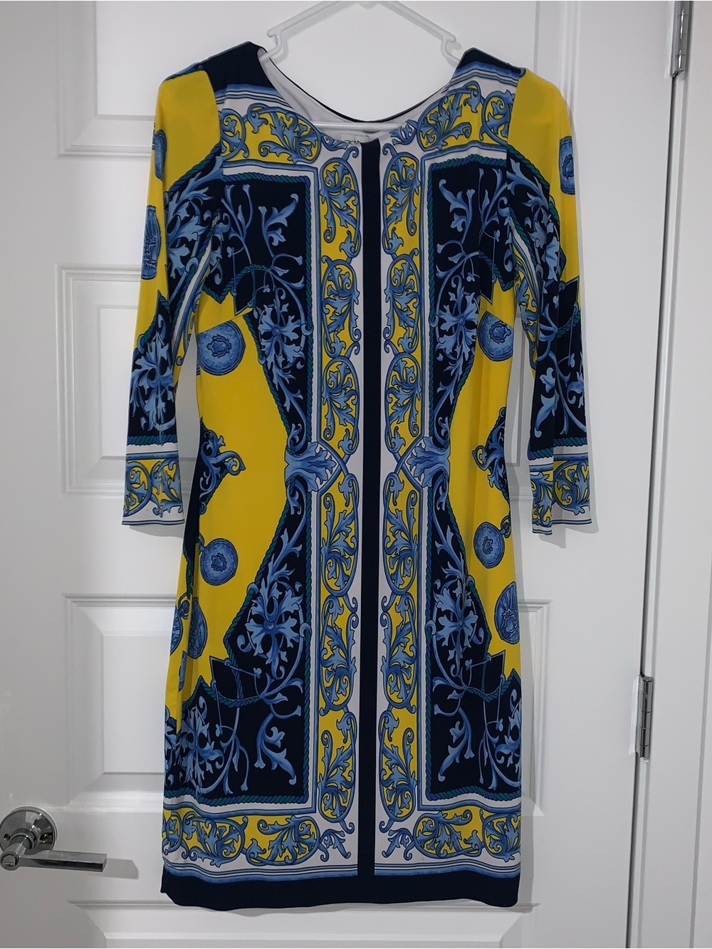 Cache Yellow and Navy Blue Printed Long Sleeve Sheath Dress